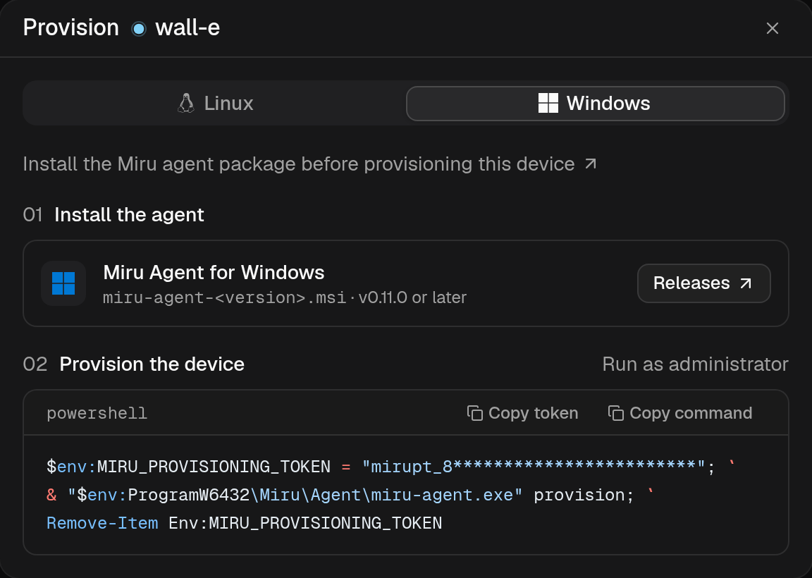 Provision Dialog for Windows
