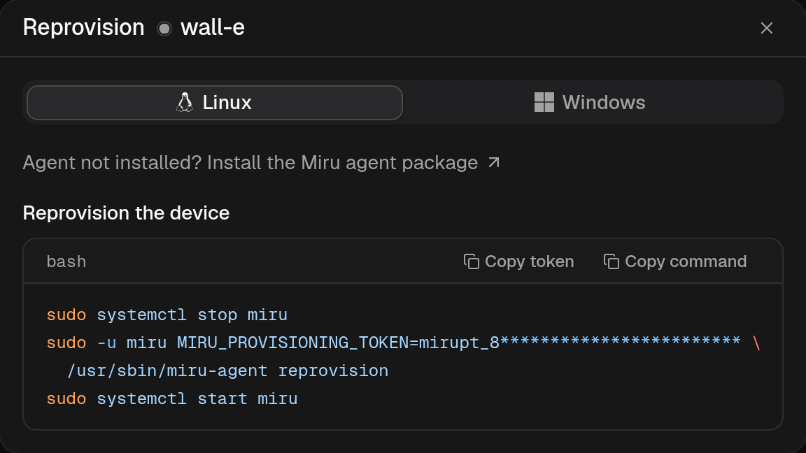 Reprovision Dialog for Linux